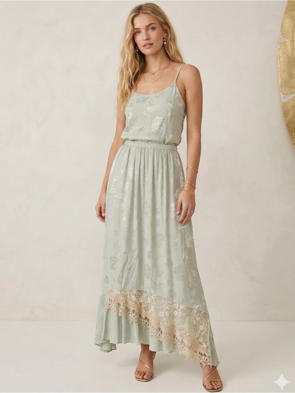 Vintage Whimsical Fairy Sage Green Floral Jacquard Asymmetric Lace Maxi Skirt 8